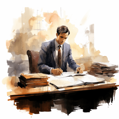 An artistic depiction of a man in a suit, seated at a desk, involved in the profession of being a notary.