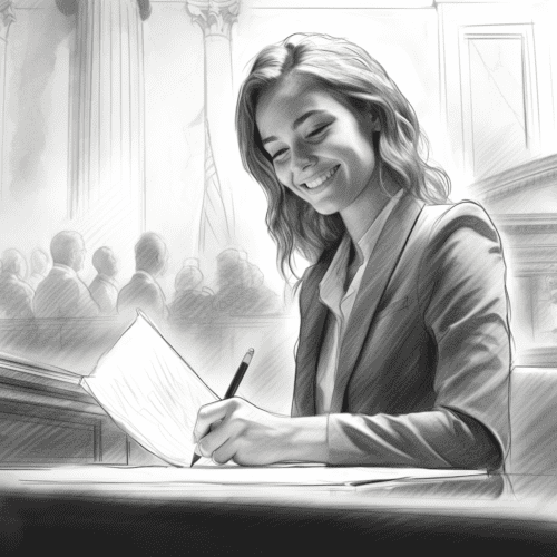 A professional woman in a suit writing in a courtroom during a legal proceeding. Relevant to us notary services.