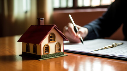 Man signing contract with house model, Ontario real estate notary finalizing legal documents for property transactions.