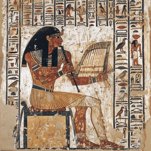 Ancient Egyptian painting of a man playing the harp, showcasing the musical talents of ancient Egyptians notaries.